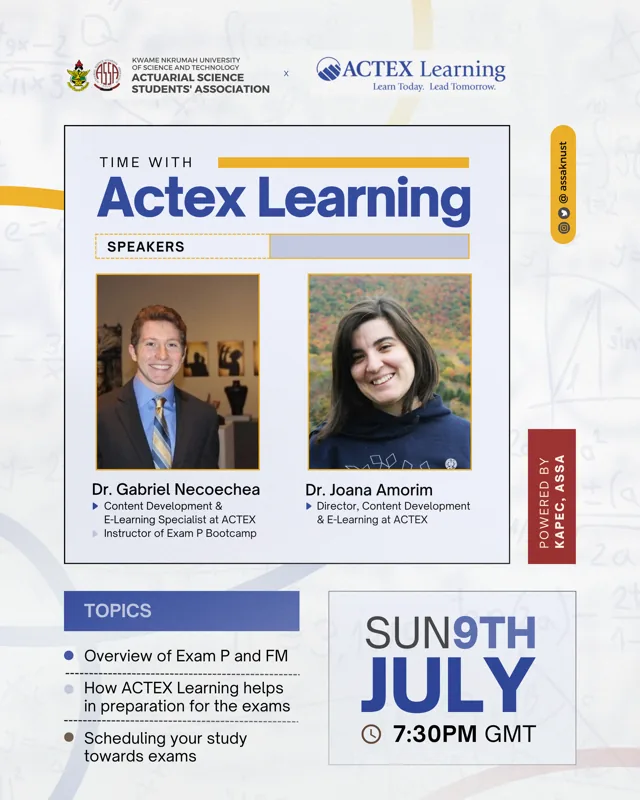 Actex Learning webinar poster showing speakers, topics and the session time