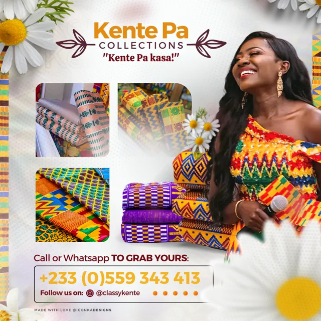 Kente Pa Collections campaign artwork showing patterned fabric, a model and enquiry details