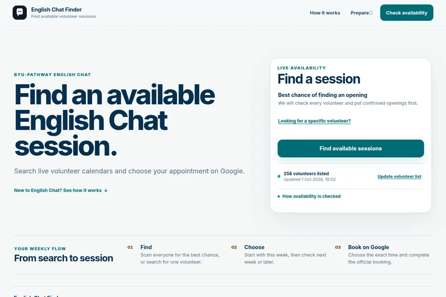 Snapshot of the English Chat Finder availability search interface