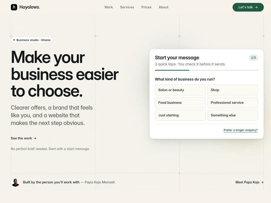 Current Hayalows homepage showing the business message and guided enquiry flow
