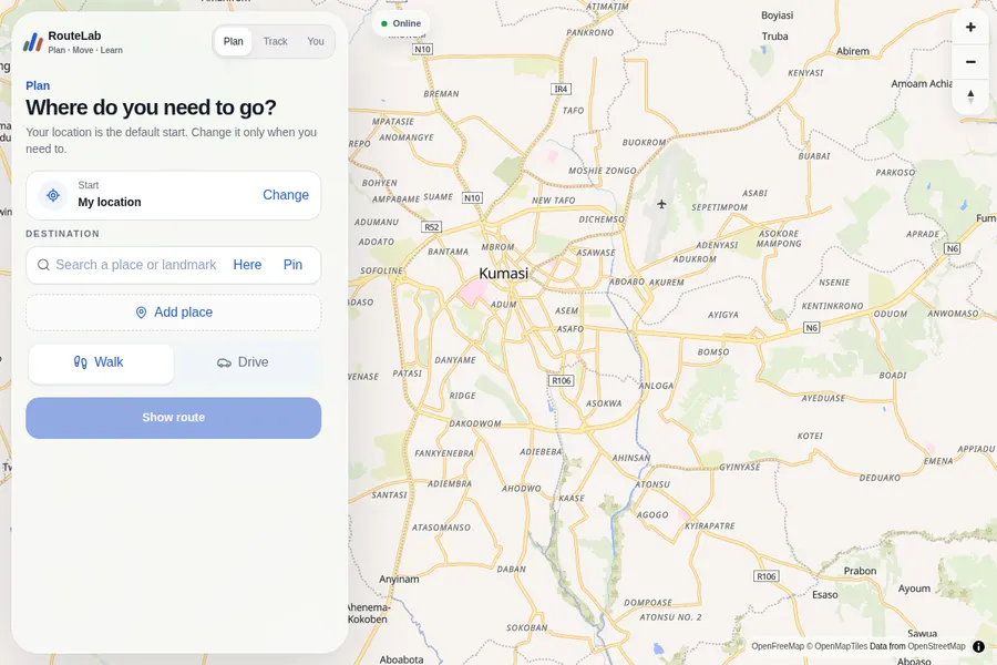 Snapshot of the published RouteLab map interface